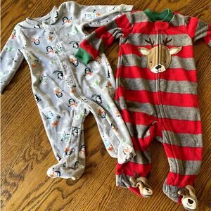 Christmas Baby Footed Pajama 6 Months Set of 2 Fleece PJ One-Piece Outfit Zipper